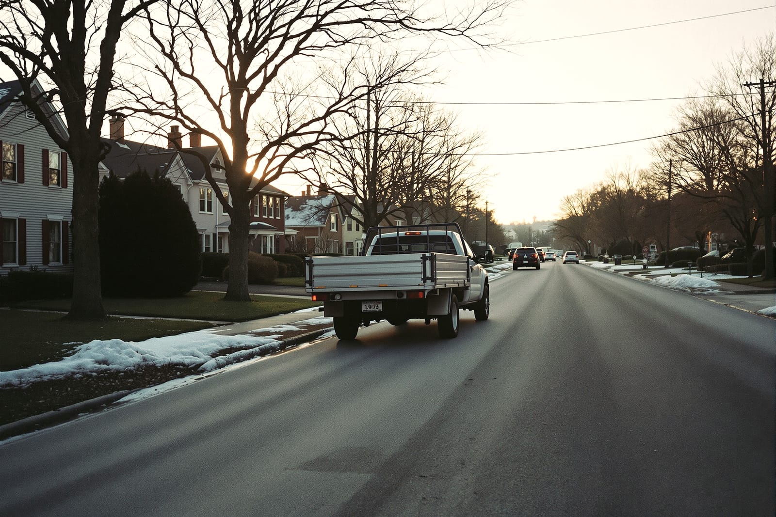 A plain work truck and trailer parked on a residential street at dawn, seen from a distance.