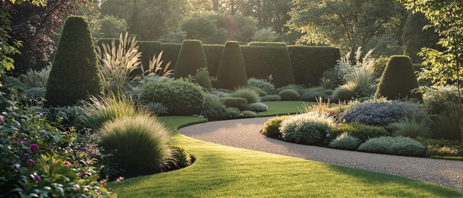 A mature designed garden in early morning light, with architectural planting and no people present.