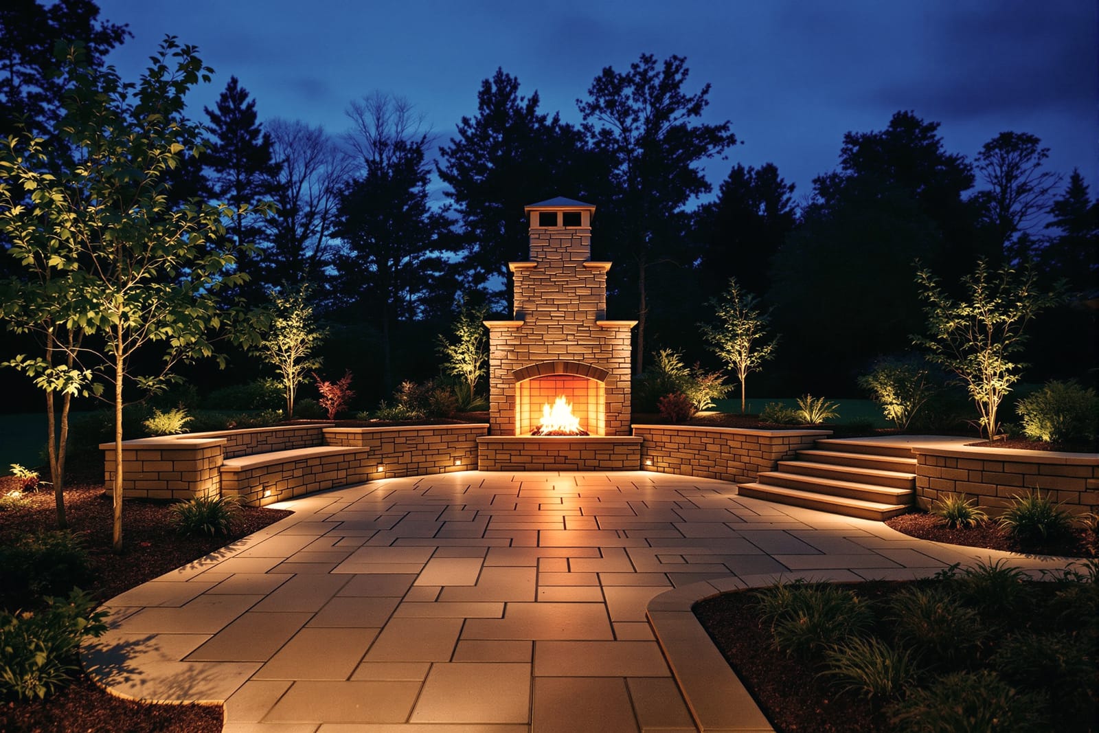 A finished hardscape patio and outdoor living space at dusk, warmly lit and empty.