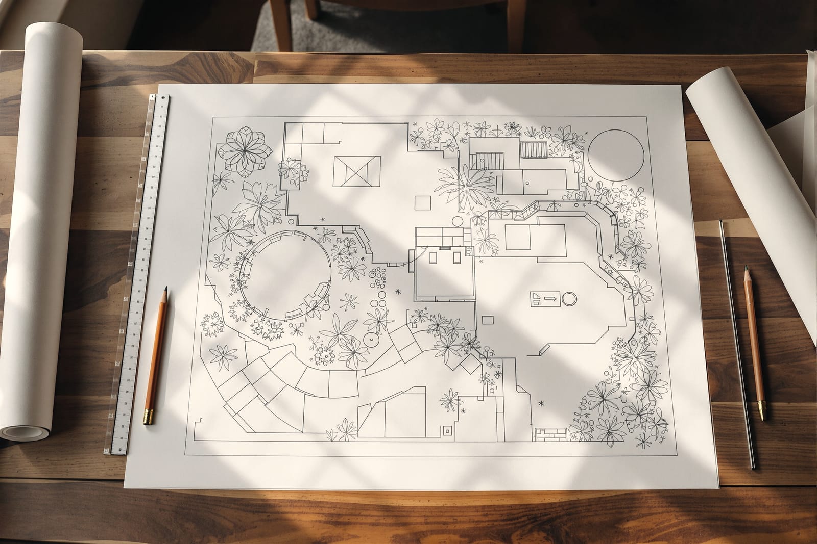 A landscape plan drawing laid flat on a table, photographed from above.