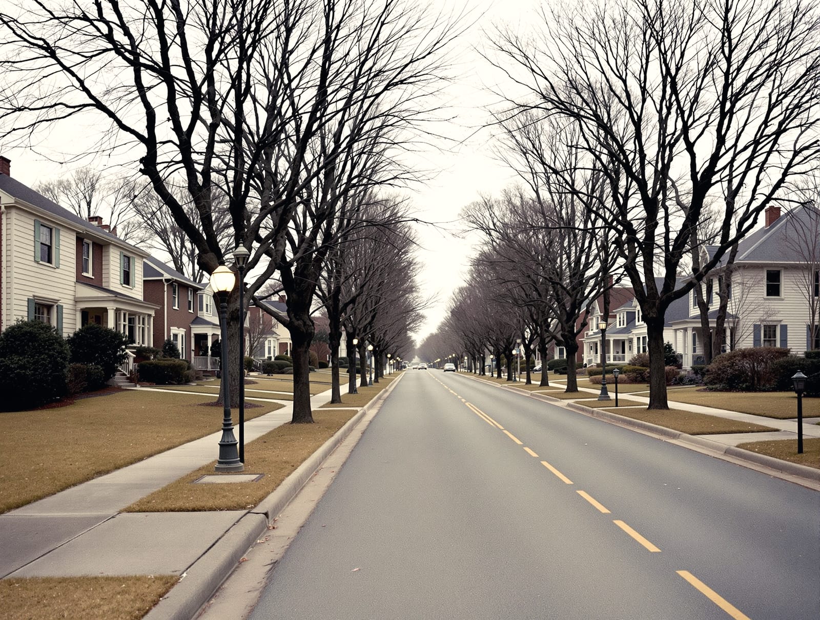 A residential street in early spring with bare to budding trees in low light.