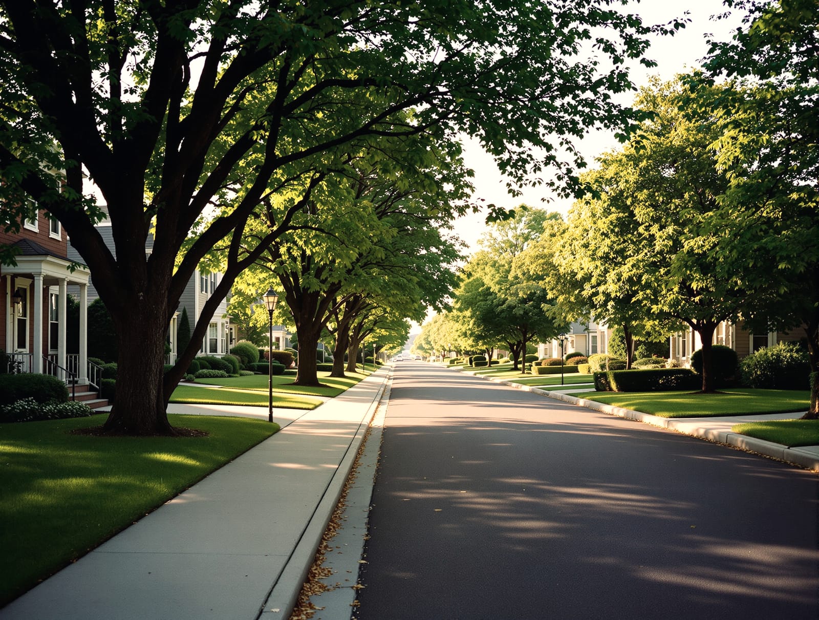 The same residential street in full summer growth.